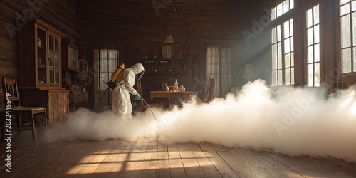 Person in protective suit fumigating room filled with thick fog
