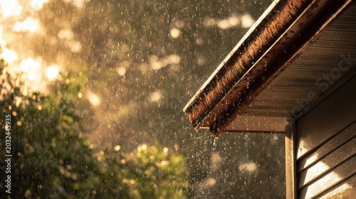 Sunlight streams through falling rain, illuminating a house roof's edge