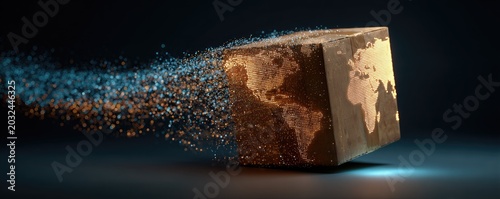 A cube with a world map dissolving into particles against a dark background