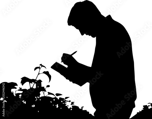 Foto Black silhouette of a man writing in a notebook or taking notes while inspecting