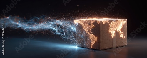 A glowing cube with a map of the world unfolds into a wispy energy trail