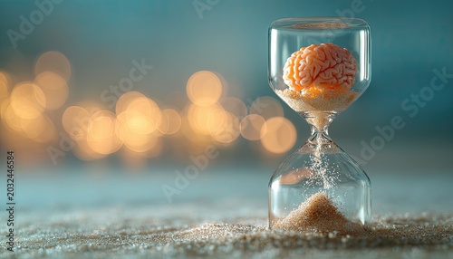 Surreal hourglass with a brain inside, sand flowing, soft bokeh lights background