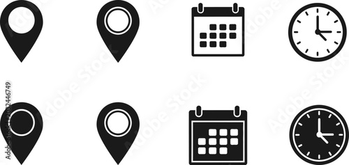 Foto Black glyph icons set location pins calendar and clock vector illustration for t