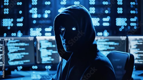 A silhouette of a person in a hoodie sitting in front of multiple computer screens