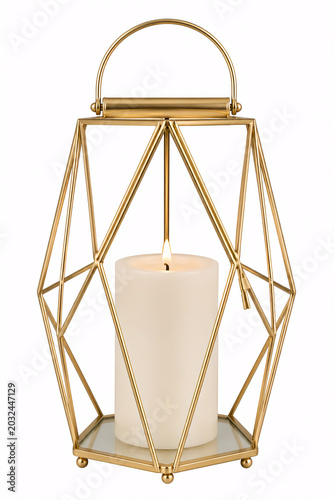 geometric gold wire lantern with a pillar candle inside