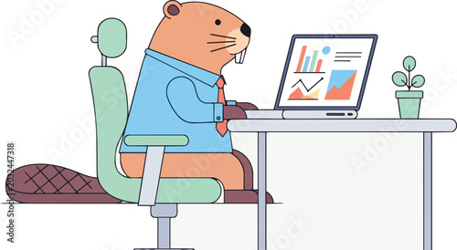 Cartoon beaver working on laptop at desk in office