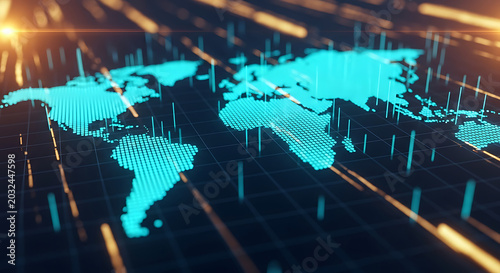 Digital World Map with Glowing Lines and Grids