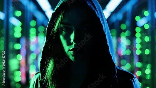 A woman with long hair wearing a hoodie stands in front of a vibrant, neon-lit background