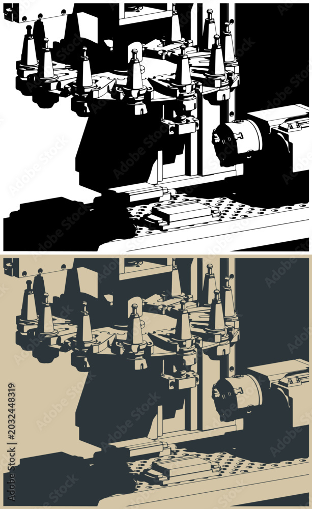 Obraz premium CNC milling machine with automatic tool changer close-up illustrations