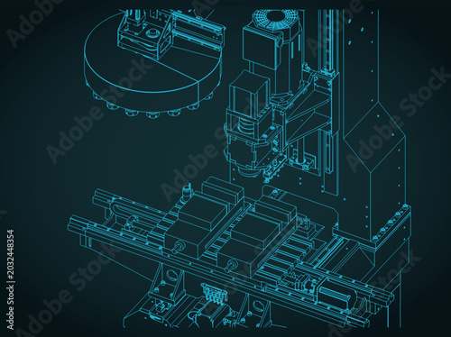 CNC milling machine with automatic tool changer isometric technical drawing
