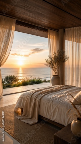 Luxury oceanfront bedroom with panoramic sunset sea view, premium resort interior, elegant travel retreat and scenic lifestyle.