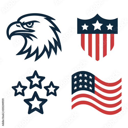 American patriotic icons with eagle head, stars and flag