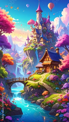 A vibrant fantasy landscape with a castle, bridge, and house