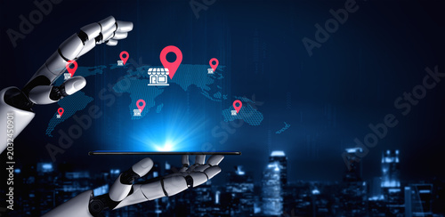 Obraz na plátně A robotic hand presents a digital screen showcasing global marketplace icons, symbolizing the intersection of technology, business, and innovation in a high-tech cityscape