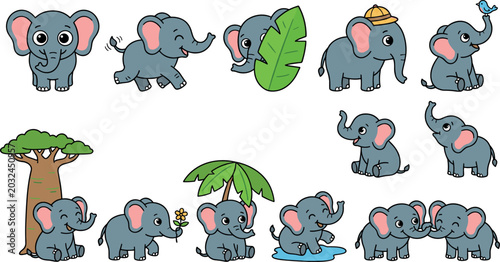 Cuadro en lienzo Cute Elephant Calf Cartoon Character Vector Set Featuring Diverse Playful Poses,