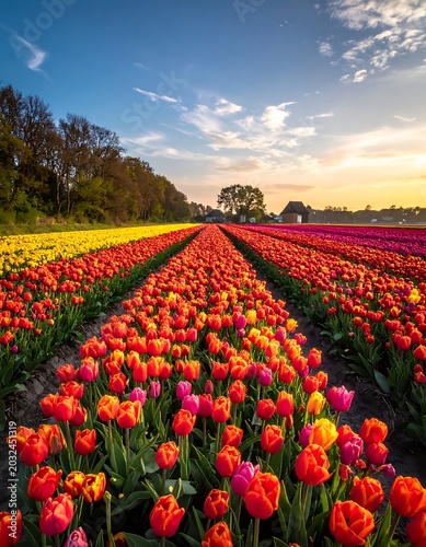 A vibrant field of multicolored tulips at sunset