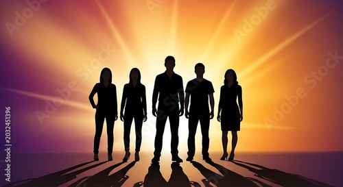 People silhouettes stand together against a bright glowing sunset.