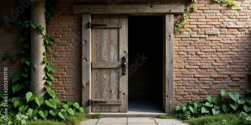Rustic wooden door ajar revealing shadowed interior space within a weathered brick wall, surrounded by lush green climbing plants and stone paving