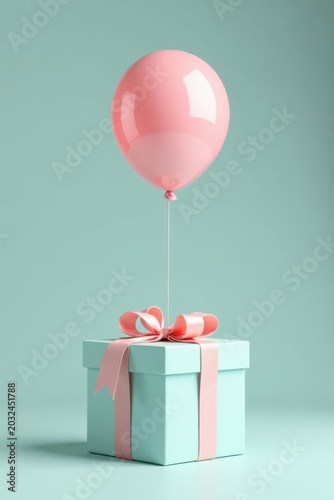 A light pink balloon gently lifts a pastel blue gift box adorned with a delicate pink ribbon, a whimsical scene of celebration and surprise.
