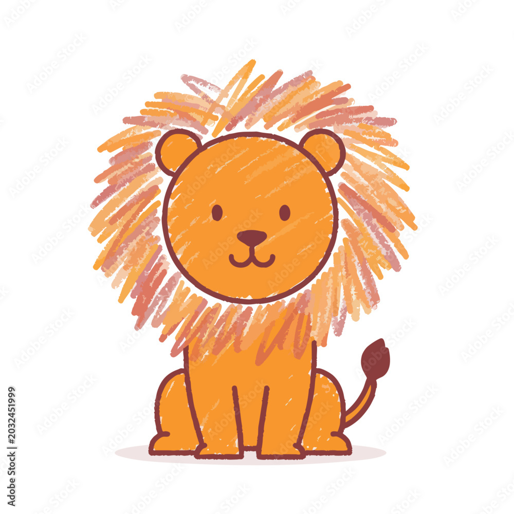 Fototapeta premium Cute cartoon lion cub with a colorful scribble textured mane.