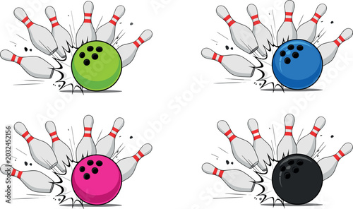 Fotografija Cartoon Bowling Strike Action Vector Illustration Set Featuring Colorful Balls H