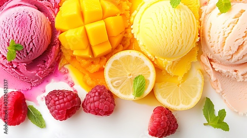 Colorful ice cream scoops with fruit garnish, raspberries, mango, lemon slices, mint leaves and gourmet dessert presentation
