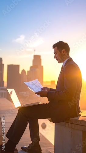 Businessman working on laptop outdoors city.