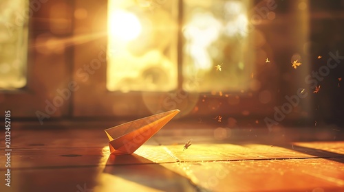 Paper airplane resting on tiled floor, warm sunlight, nostalgic atmosphere, dust particles and peaceful reflective mood
