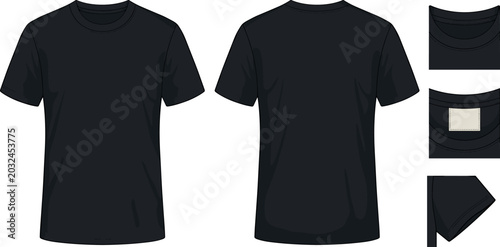 Blank Black T Shirt Mockup Vector Set with Front and Back Views, Collar Details, Inner Neck Label, and Sleeve Closeups for Apparel Design Templates
