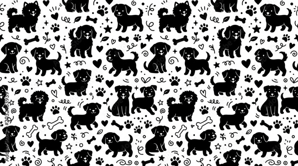 Obraz premium Seamless vector pattern with cartoon animal and people silhouettes including bears cats dogs cows and funny character icons