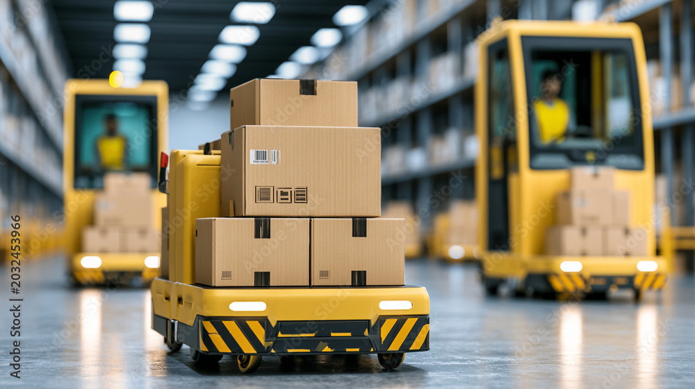 Naklejka premium Automated guided vehicles carry cardboard boxes across floor of modern warehouse 