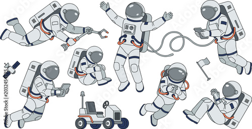 Fotografía Astronaut Spacewalk and Zero Gravity Vector Character Set with Floating Cosmonau