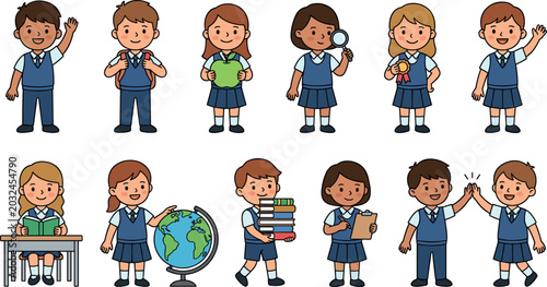 Foto Cute School Children Cartoon Character Vector Set with Diverse Student Poses hol