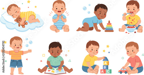 Cute Cartoon Baby Routine and Activity Character Set with Sleeping, Playing, Eating, and Crawling Toddlers for Newborn Care, Parenting, and Childhood Designs