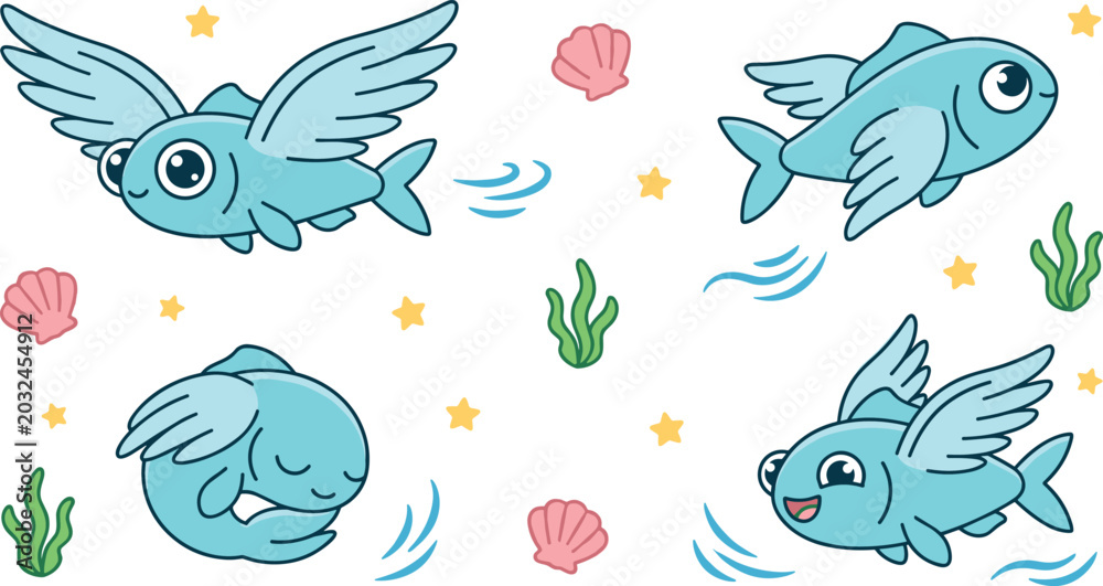 Naklejka premium Cute Flying Fish Cartoon Character Vector Set Featuring Playful Swimming Gliding and Sleeping Poses with Seashells Seaweed and Waves for Nursery Graphics