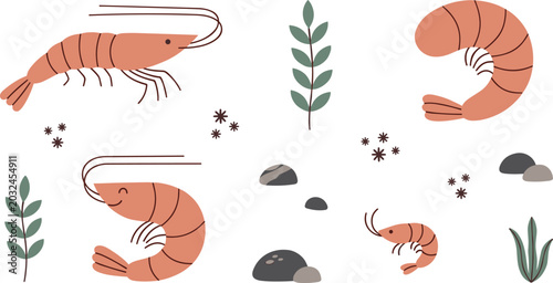 Tableau sur toile Minimalist Shrimp and Prawn Vector Set Featuring Cute Sea Crustaceans, Marine Ke