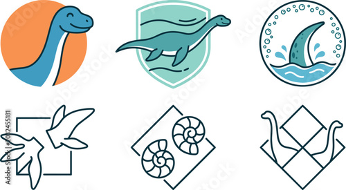 Canvastavla Minimalist Plesiosaur Dinosaur Logo Icon Set Featuring Flat Line Art Fossil Shel