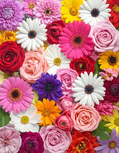 A vibrant floral arrangement of numerous flowers in various colors