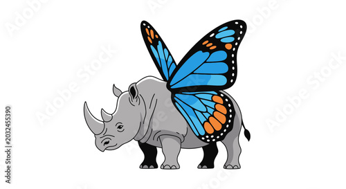 Foto Surreal Rhino with Blue Butterfly Wings - Transformation and Uniqueness Concept