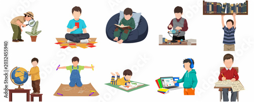 Set of Little Boys Learning and Studying Various Subjects. Collection of Kids Engaged in Educational Activities Like Science, Reading, Geography, and Astronomy.