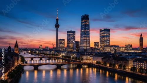 Modern cityscape with a prominent tower and skyscrapers at sunset over a river