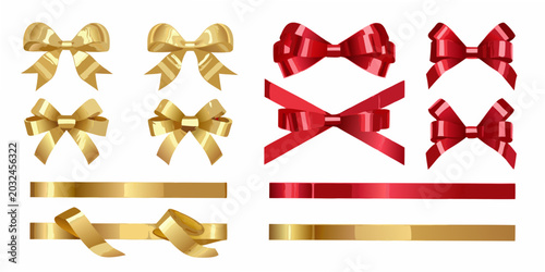 Schilderij op canvas Gold and red ribbon bows and strips vector illustration