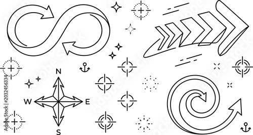 Photography Abstract Navigation and Direction Arrow Vector Line Icon Set with Compass Infini