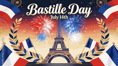 Schilderij op canvas A vibrant illustration celebrating Bastille Day on July 14th, featuring the Eiffel Tower, fireworks, and French flags