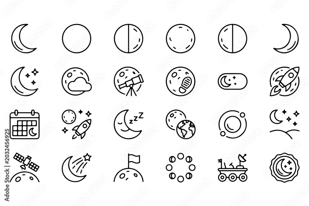 Fototapeta premium Minimalist moon and space line icons set, 24 lunar phase and astronomy vector symbols, black outline celestial graphics for web and app design