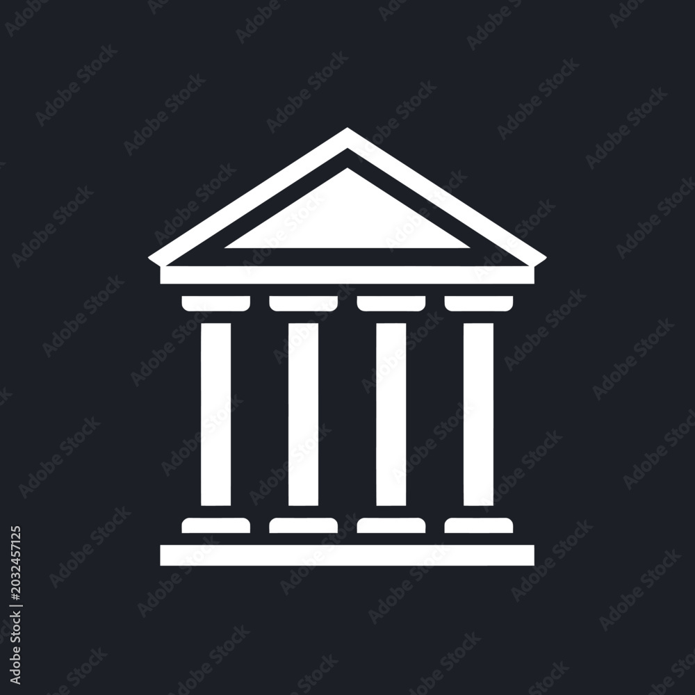 Fototapeta premium Simple white building icon with columns and a triangular roof.