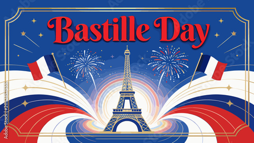 Bilde på lerret A vibrant illustration celebrating Bastille Day with the Eiffel Tower, French flags, and fireworks against a blue, red, and white backdrop