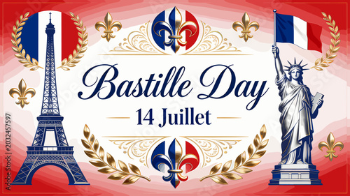Tableau sur toile A vibrant illustration celebrating Bastille Day, featuring iconic French landmarks like the Eiffel Tower and the Statue of Liberty, adorned with national colors and symbols