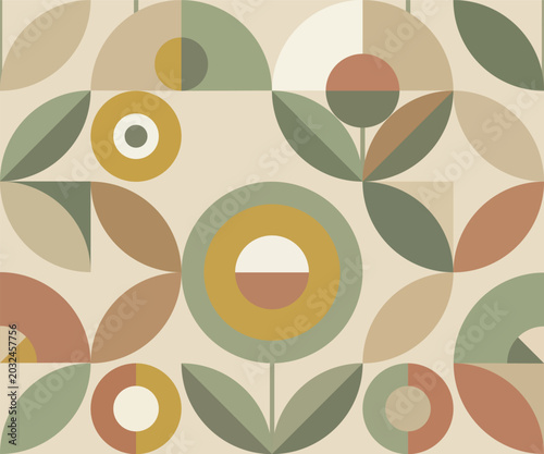 Retro geometric floral seamless pattern background. Abstract mid-century modern style flower and leaf ornament.