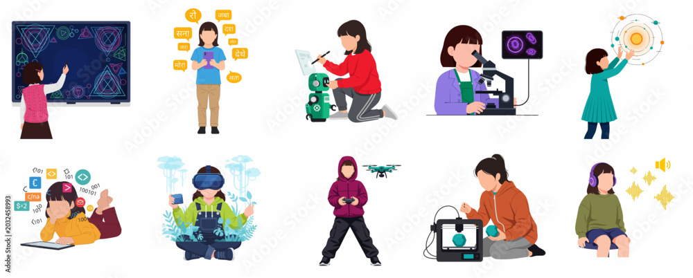 Fototapeta premium Set of diverse girls engaging in STEM activities including robotics, coding, VR, 3D printing, and science experiments, flat vector illustration on white background